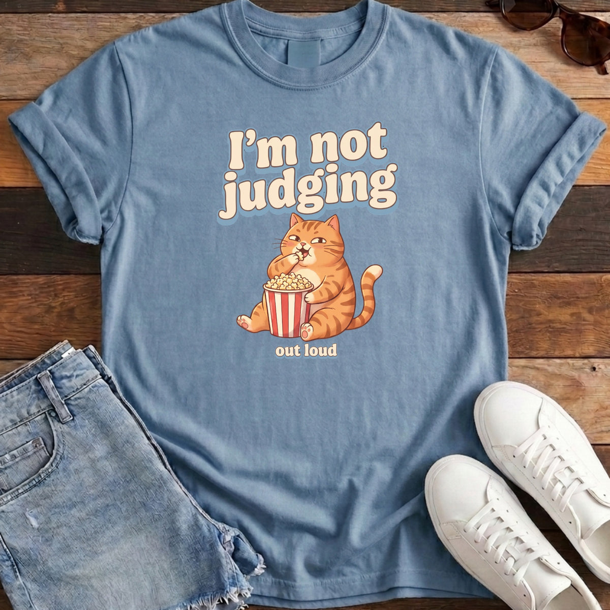 I'm Not Judging Popcorn Cat Tee - Washed Denim