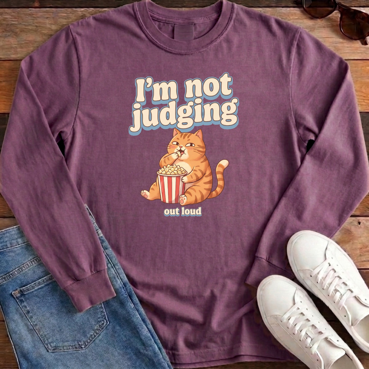 I'm Not Judging Popcorn Cat Long Sleeve - Berry