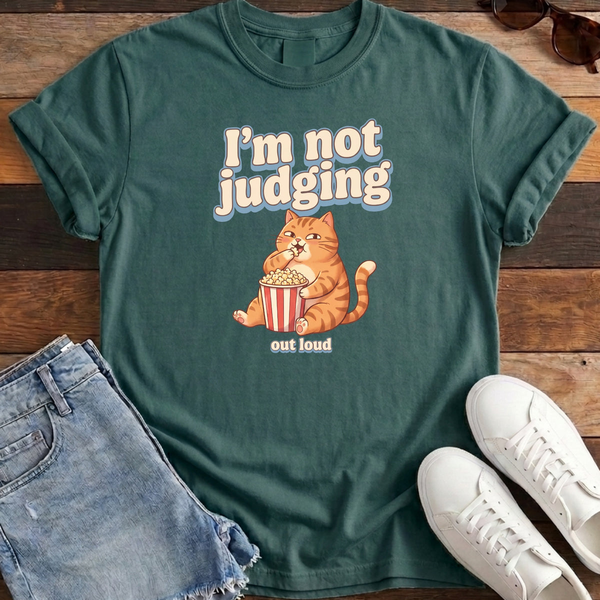 I'm Not Judging Popcorn Cat Tee - Blue Spruce