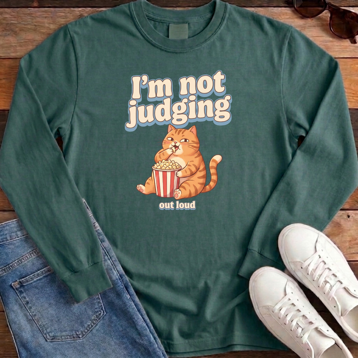 I'm Not Judging Popcorn Cat Long Sleeve - Blue Spruce