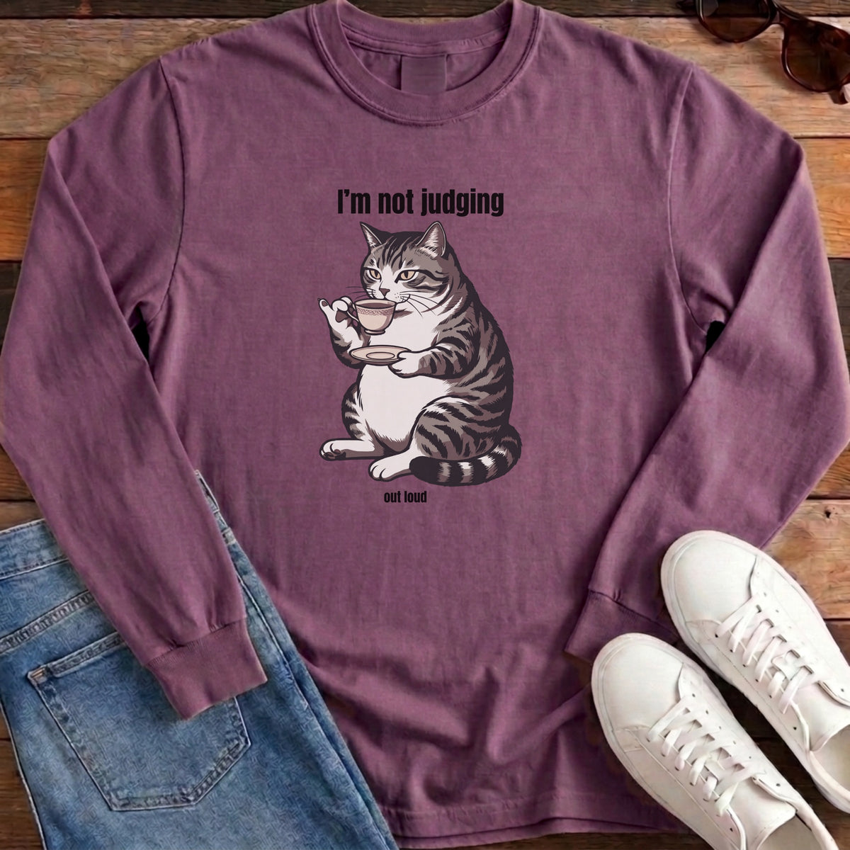 I'm Not Judging Tea Cat Long Sleeve - Berry