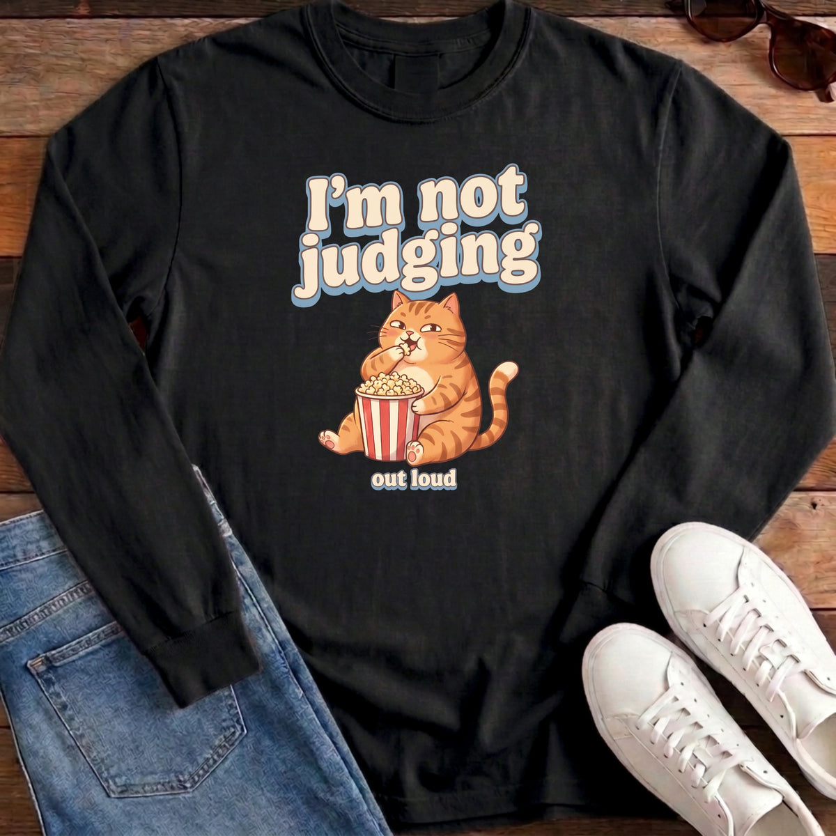 I'm Not Judging Popcorn Cat Long Sleeve - Black
