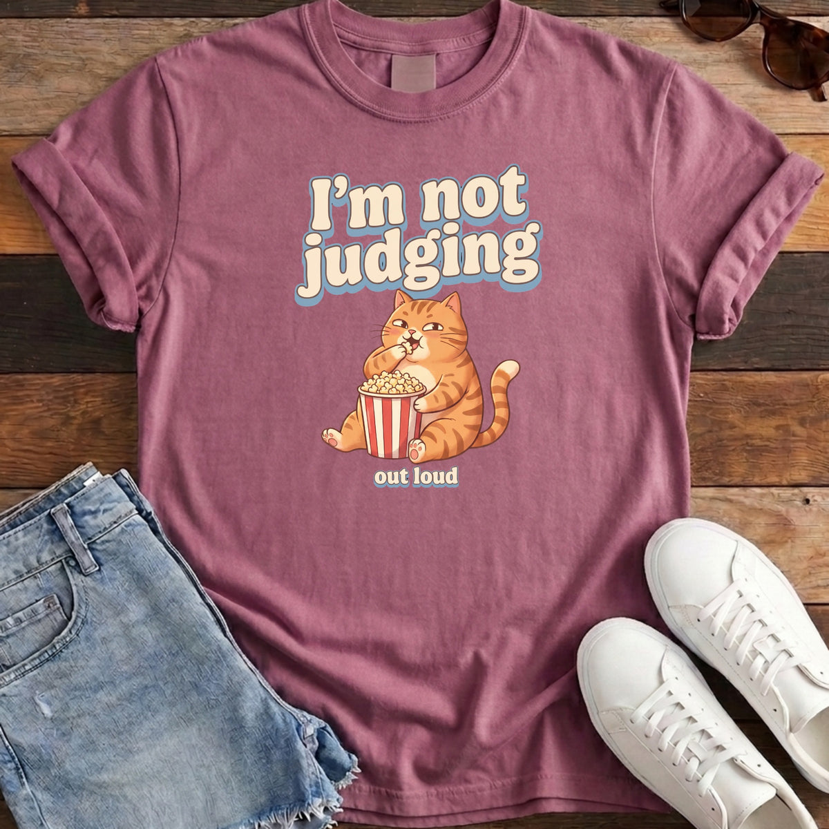 I'm Not Judging Popcorn Cat Tee - Berry