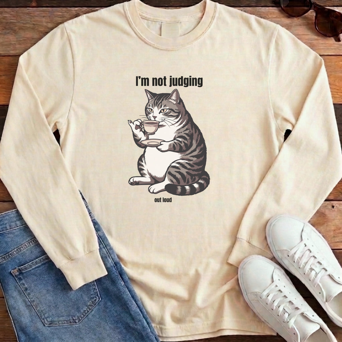 I'm Not Judging Tea Cat Long Sleeve - Ivory
