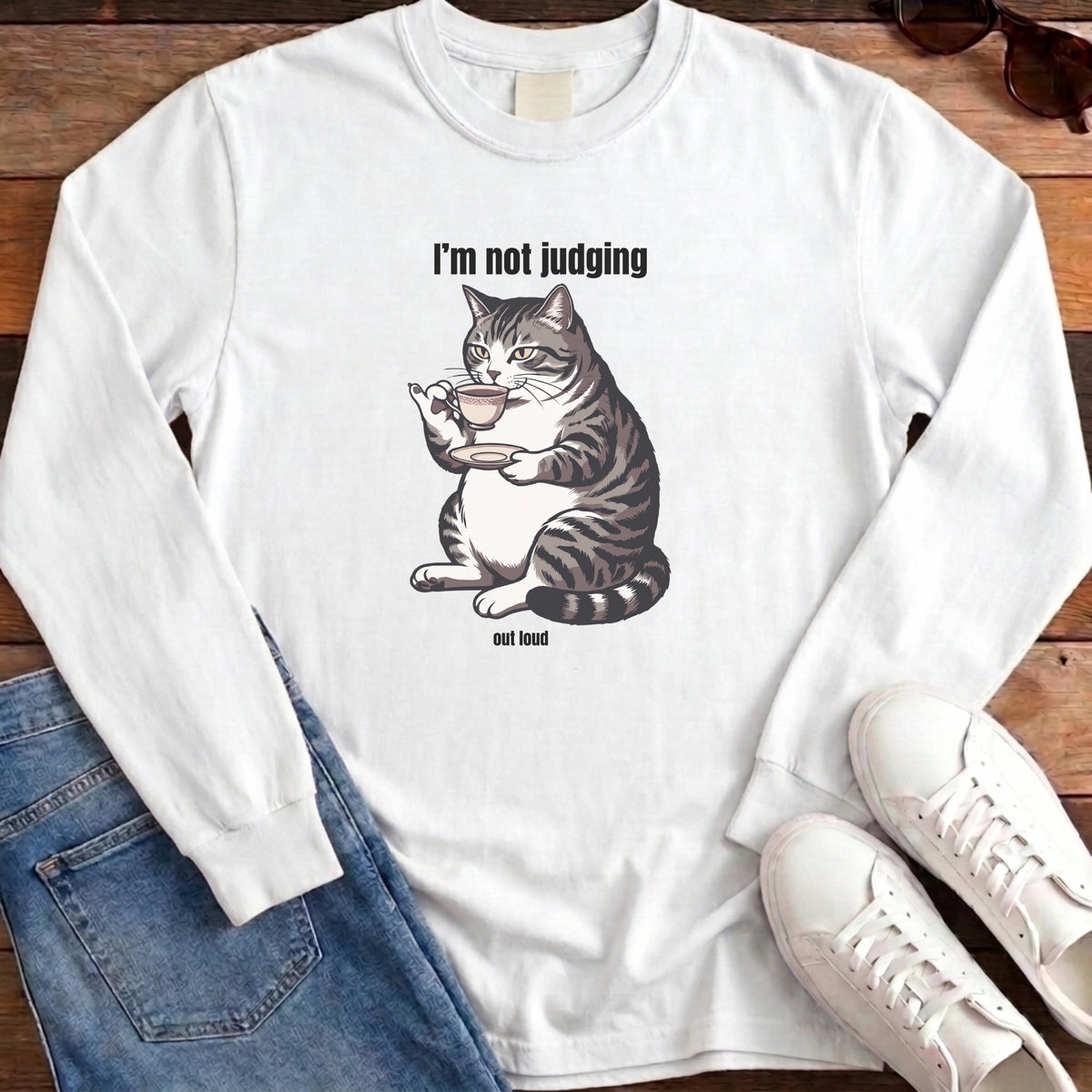 I'm Not Judging Tea Cat Long Sleeve - White