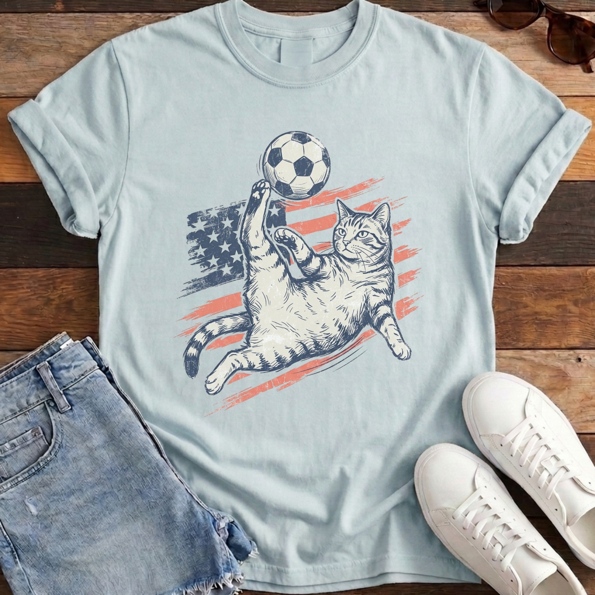 Bicycle Kick Cat Tee - Chambray