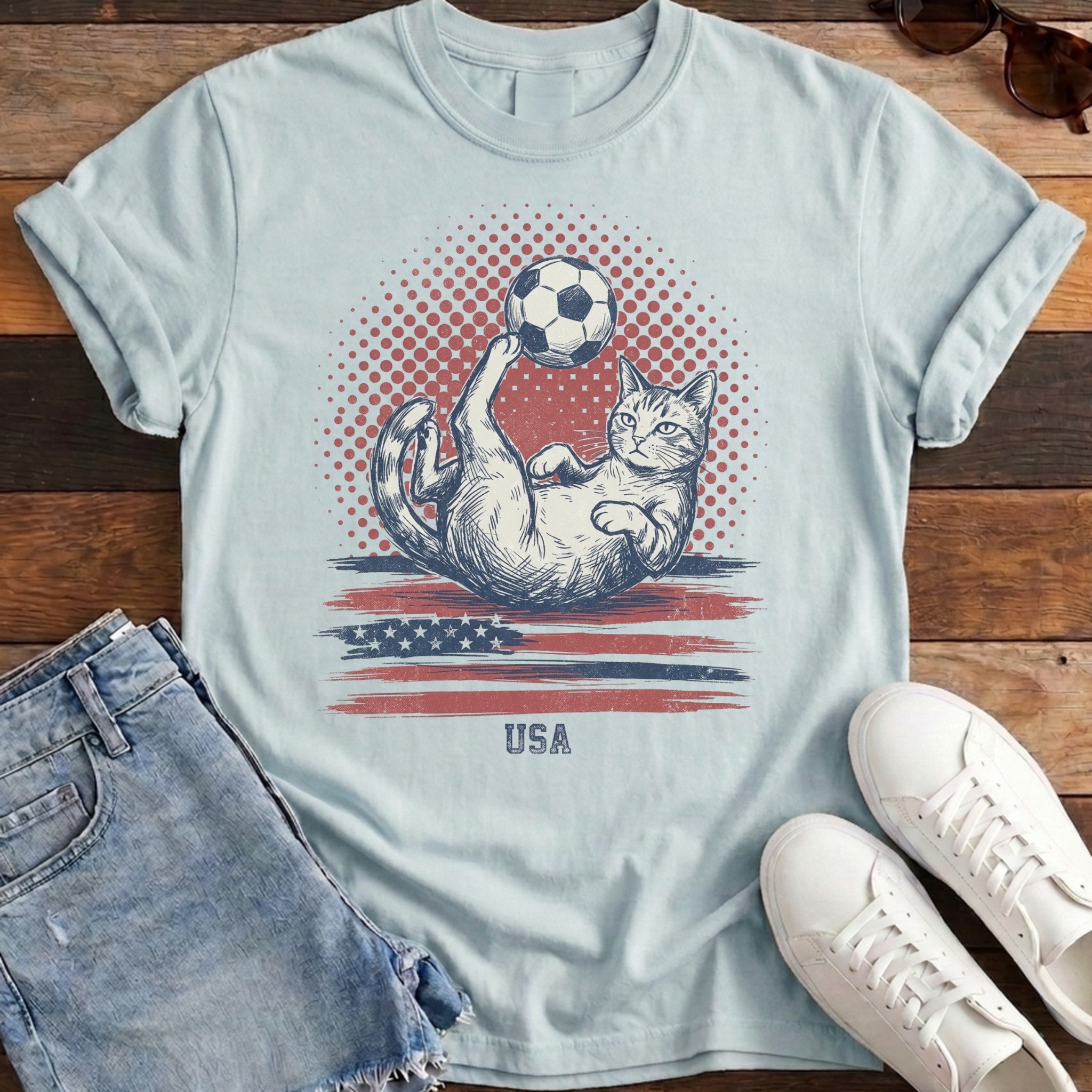 USA Lazy Cat Goal Tee - Chambray