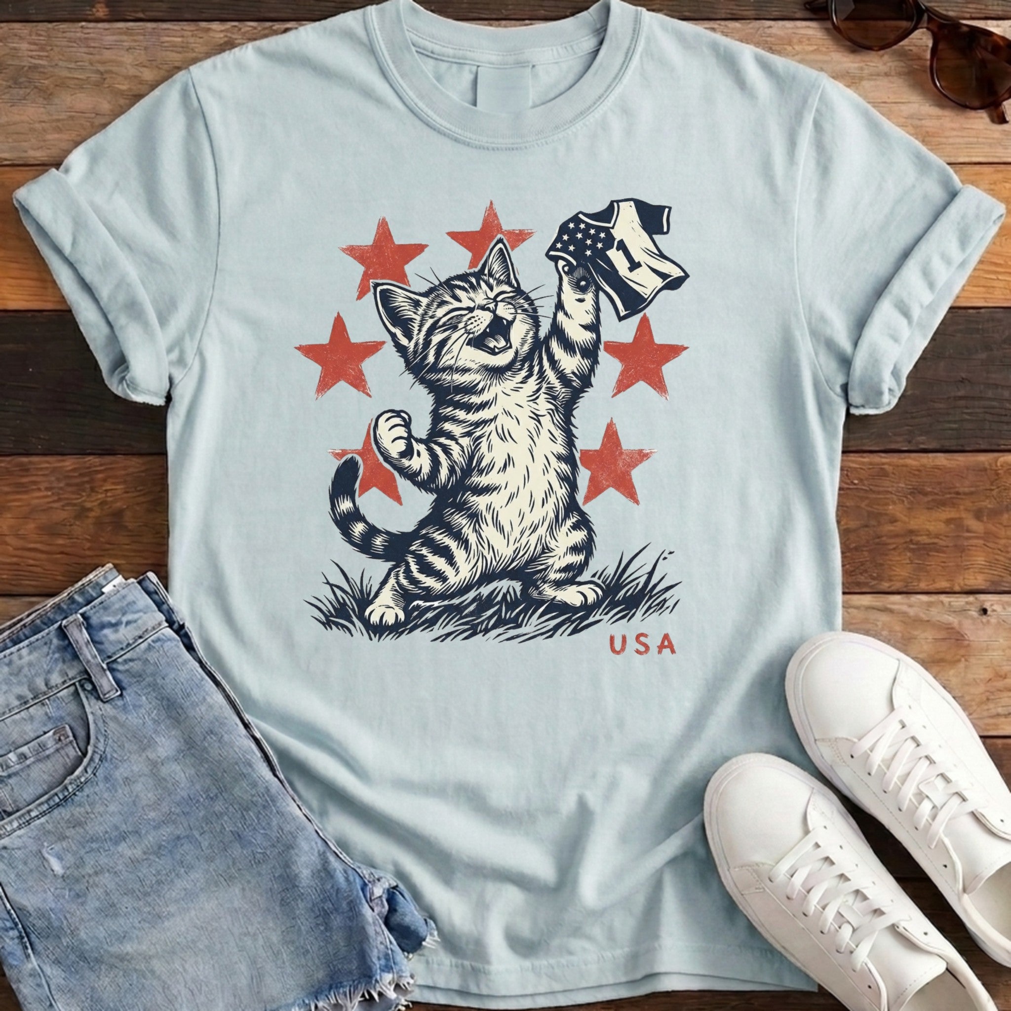 USA Victory Cat Tee - Chambray