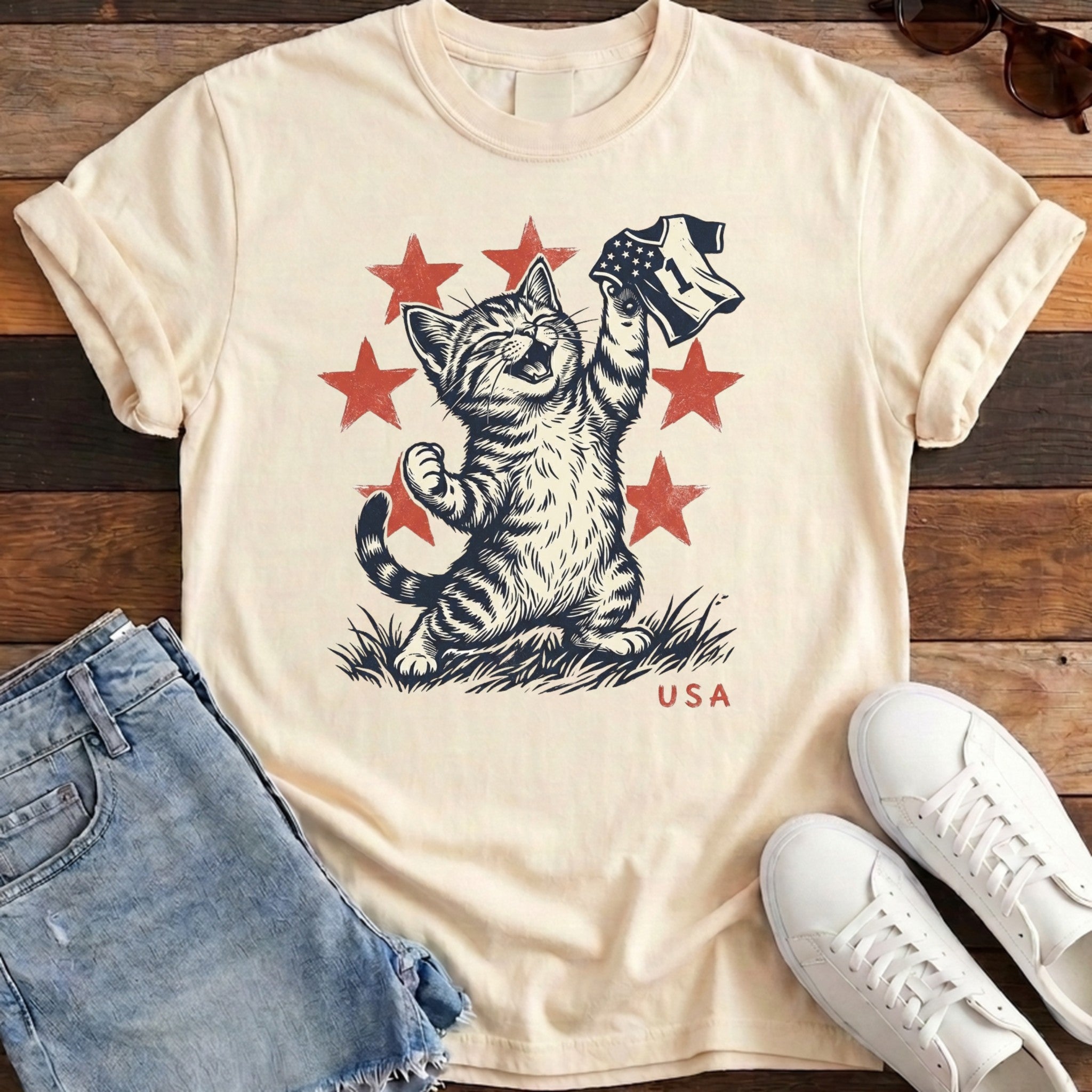 USA Victory Cat Tee - Ivory