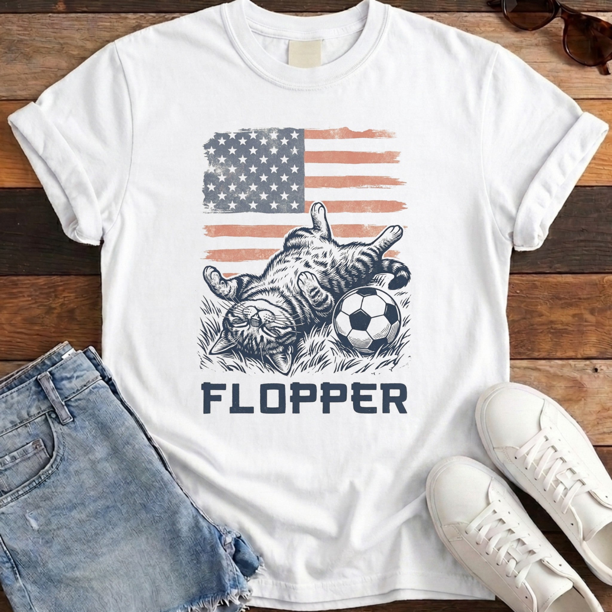 USA Flopper Cat Tee - White