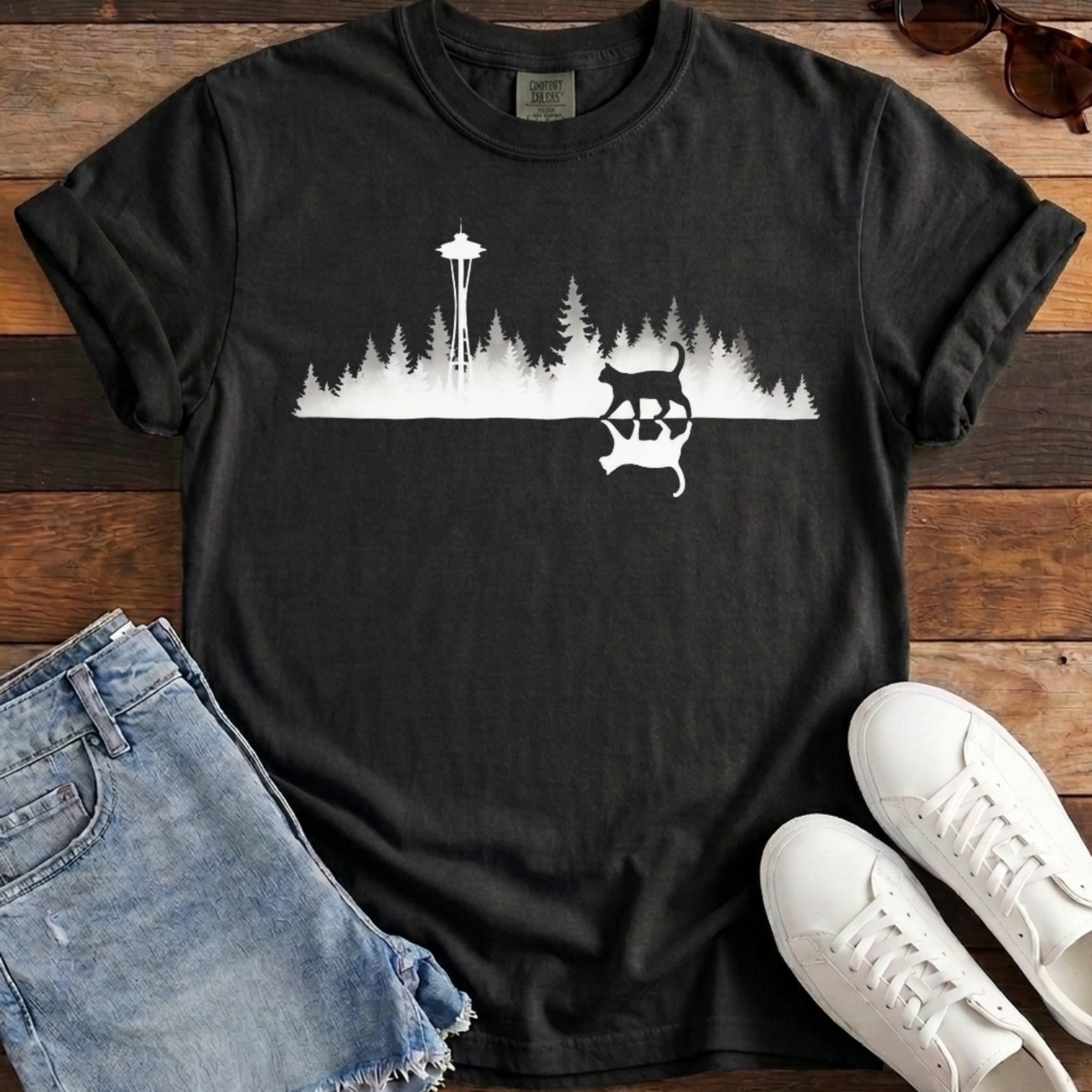 Seattle Mirror Cat Tee - Black