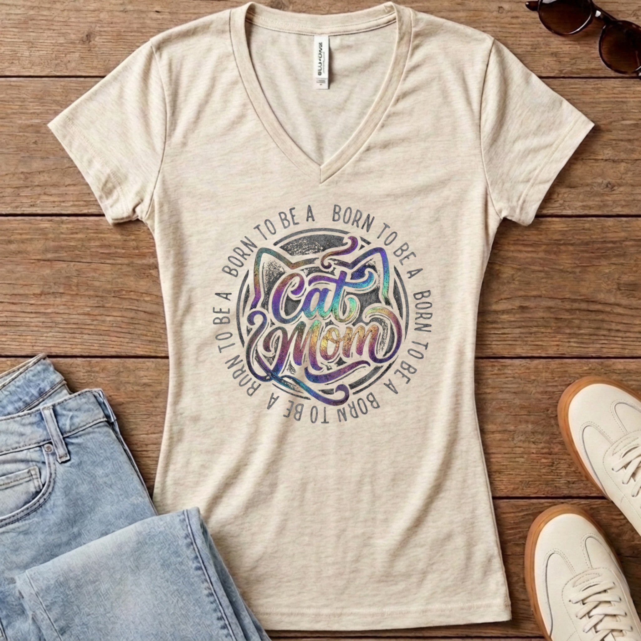 Born To Be A Cat Mom Women's V-Neck - Heather Dust