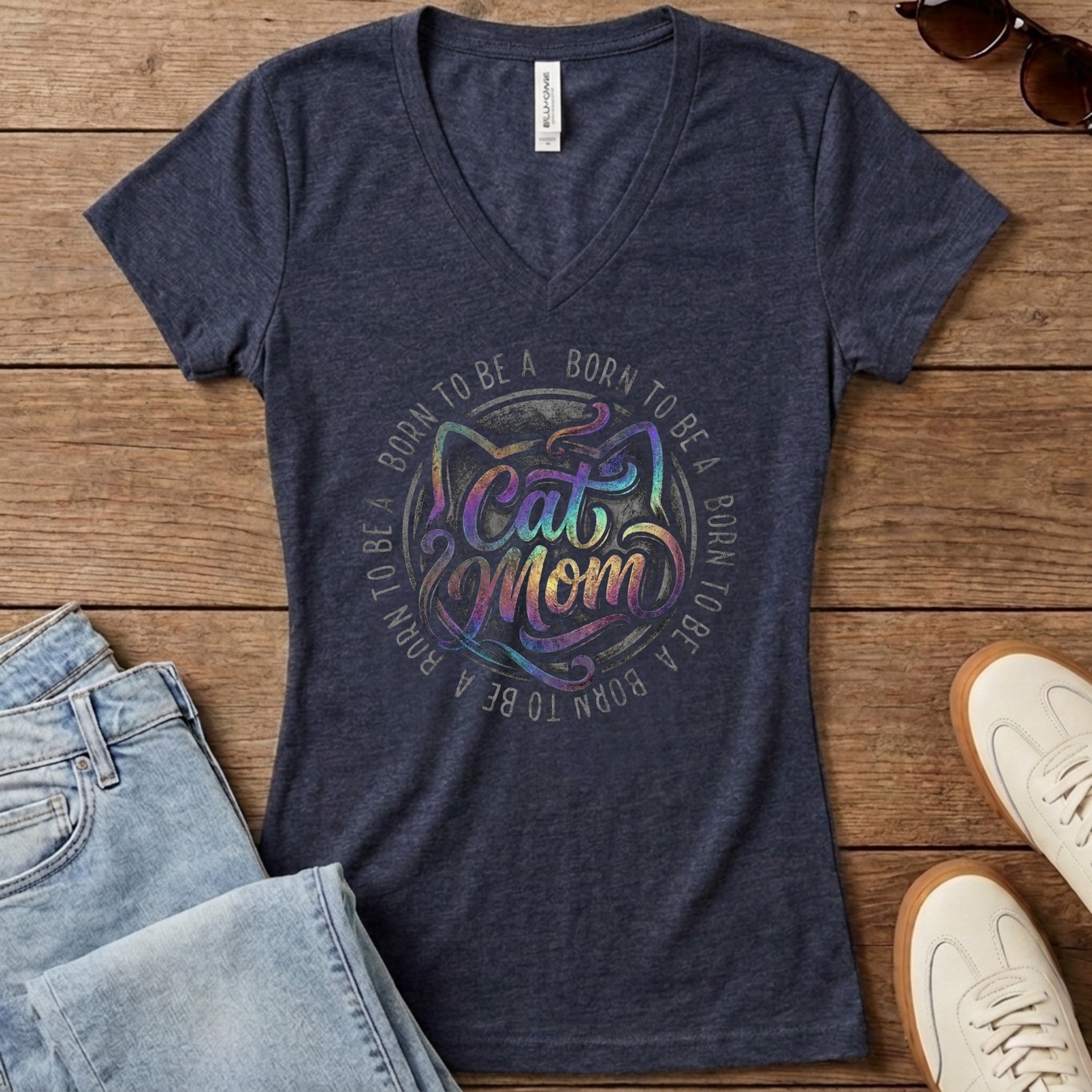 Born To Be A Cat Mom Women's V-Neck - Heather Navy