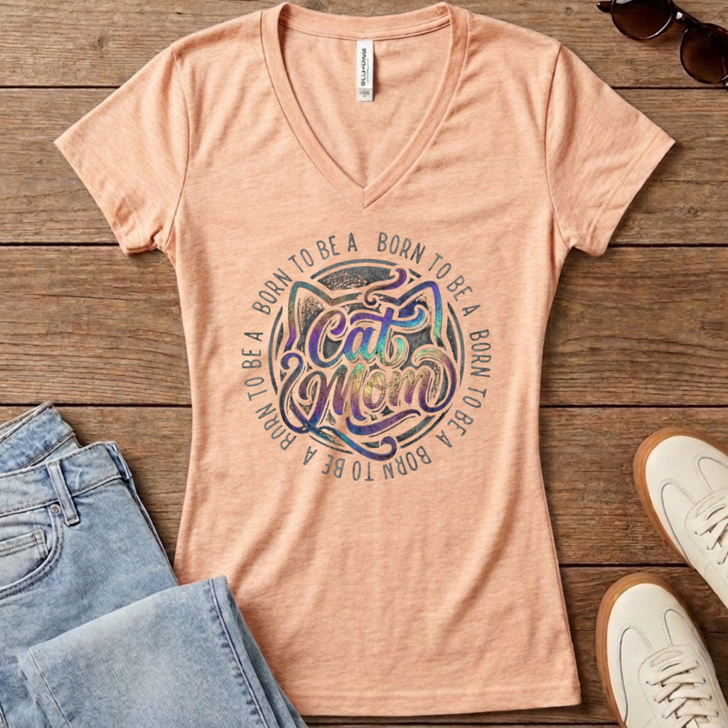 Born To Be A Cat Mom Women's V-Neck - Heather Peach