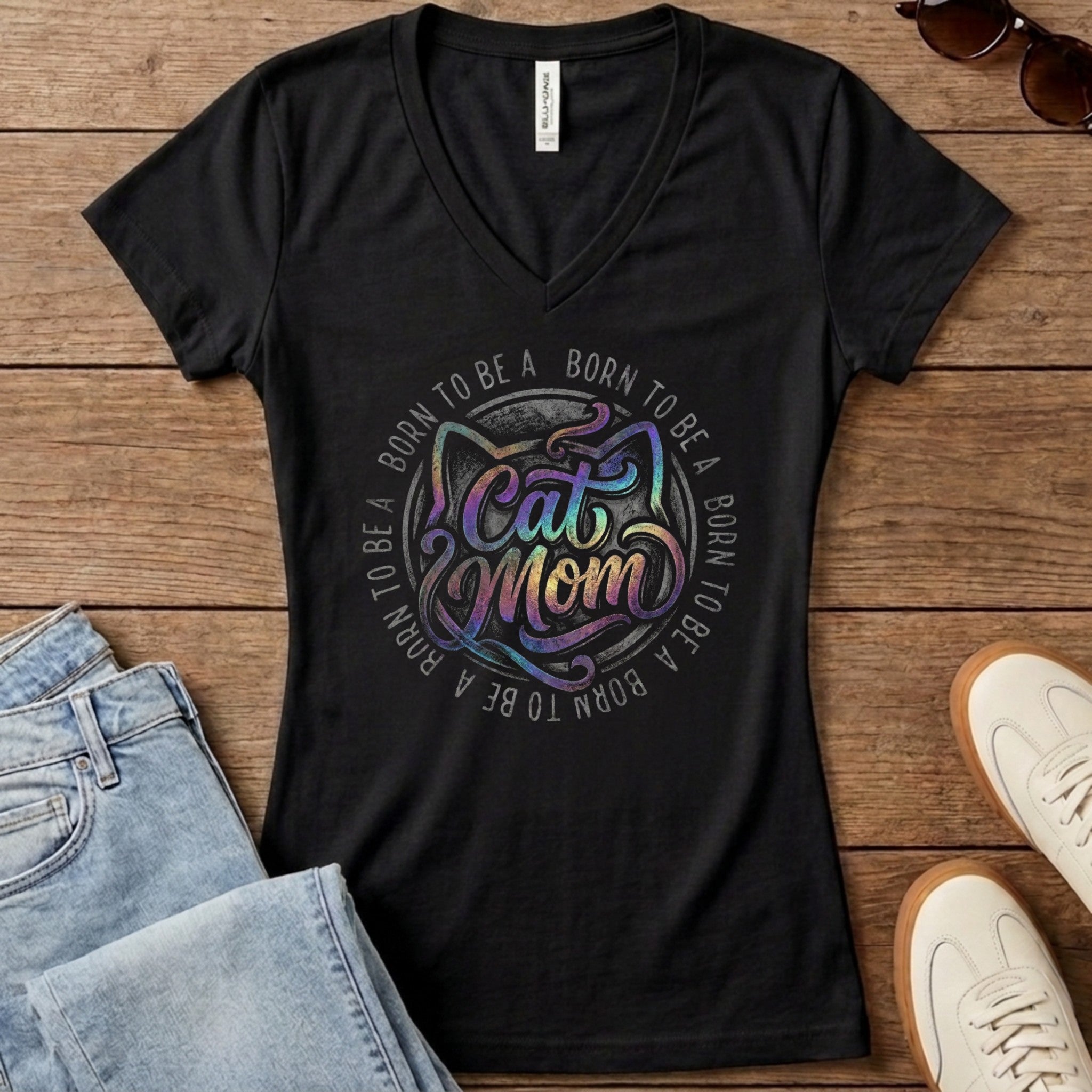 Born To Be A Cat Mom Women's V-Neck - Solid Black Blend