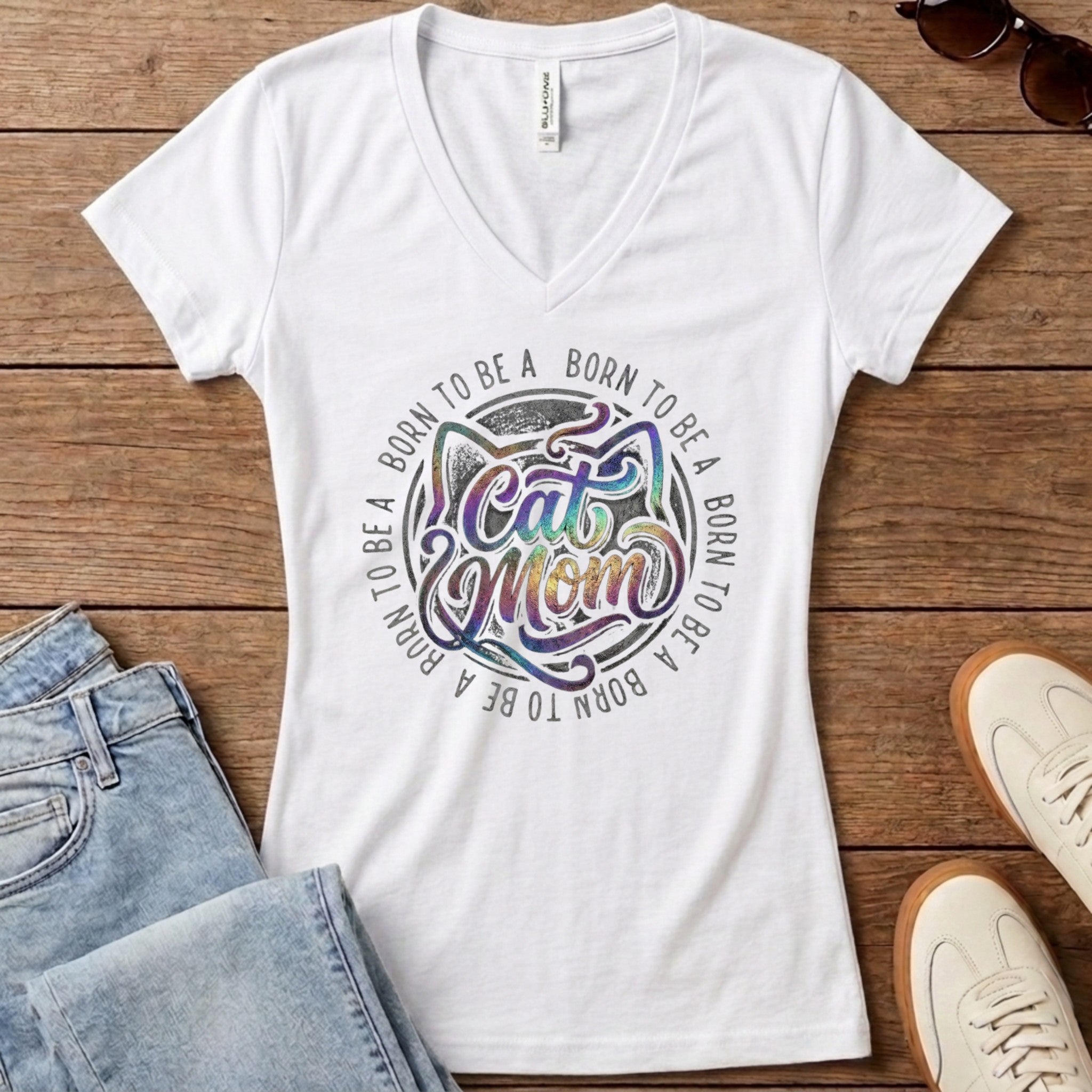 Born To Be A Cat Mom Women's V-Neck - Solid White Blend