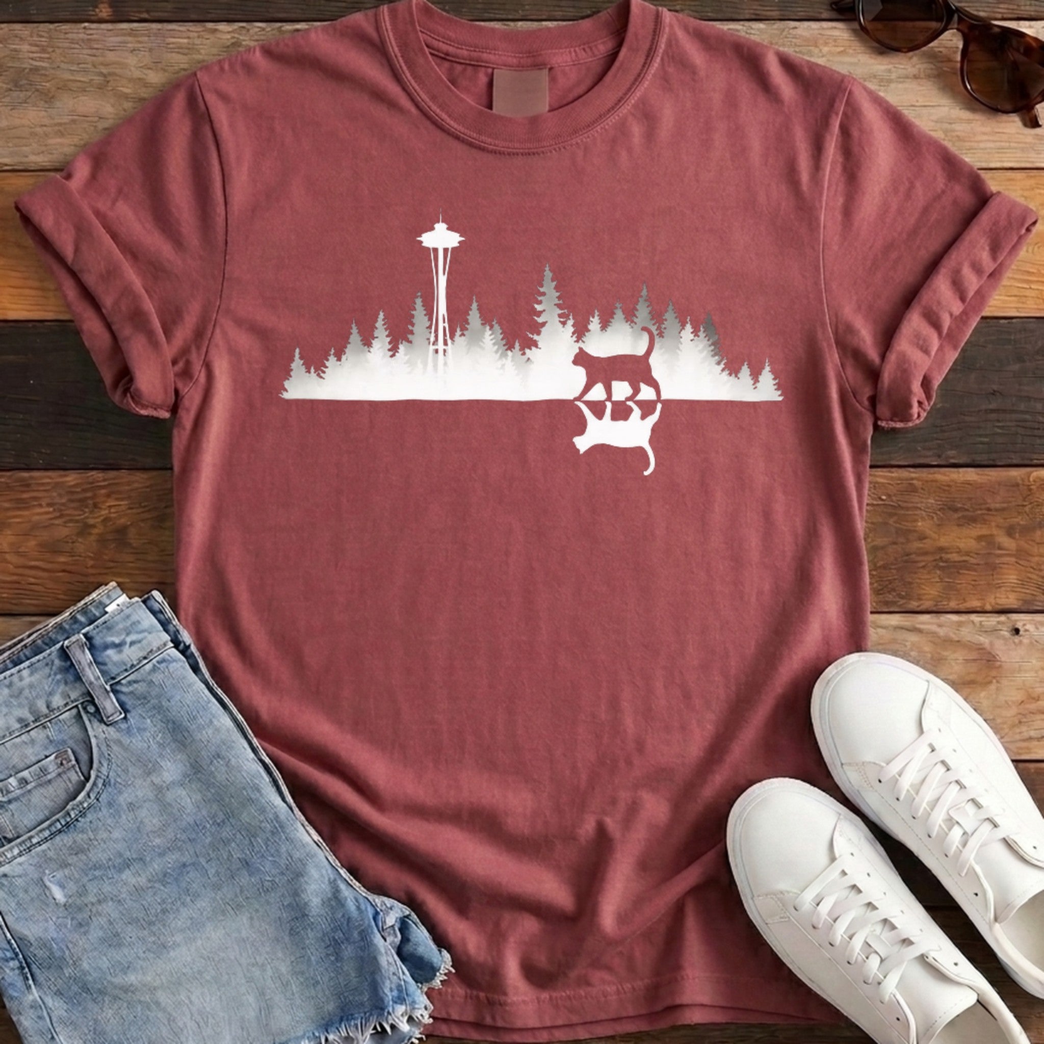 Seattle Mirror Cat Tee - Chili