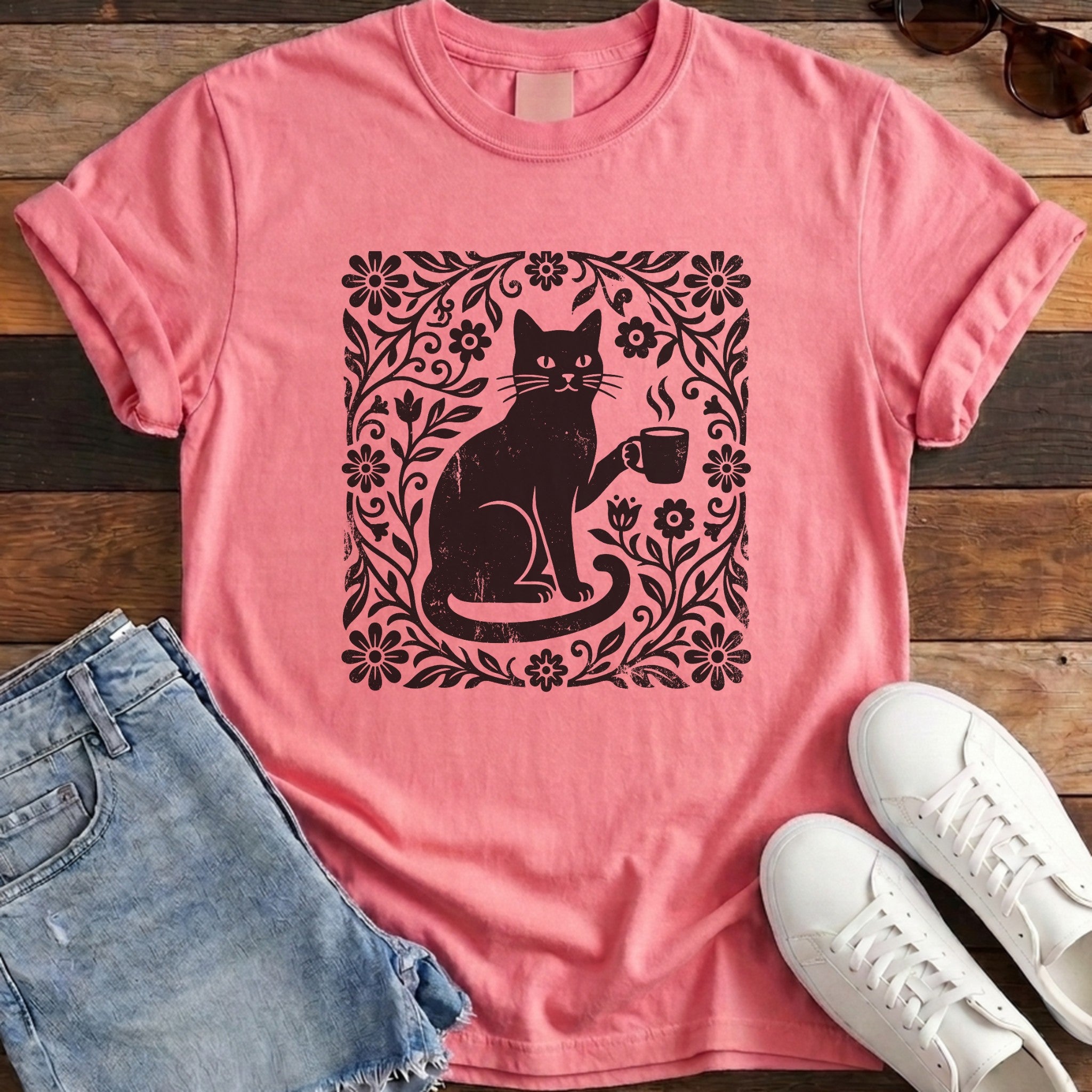 Floral Feline Vintage Tee - Crunchberry