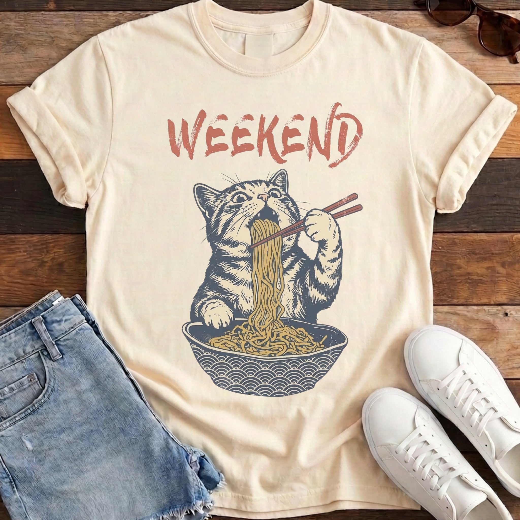 Weekend Ramen Cat Tee - Ivory