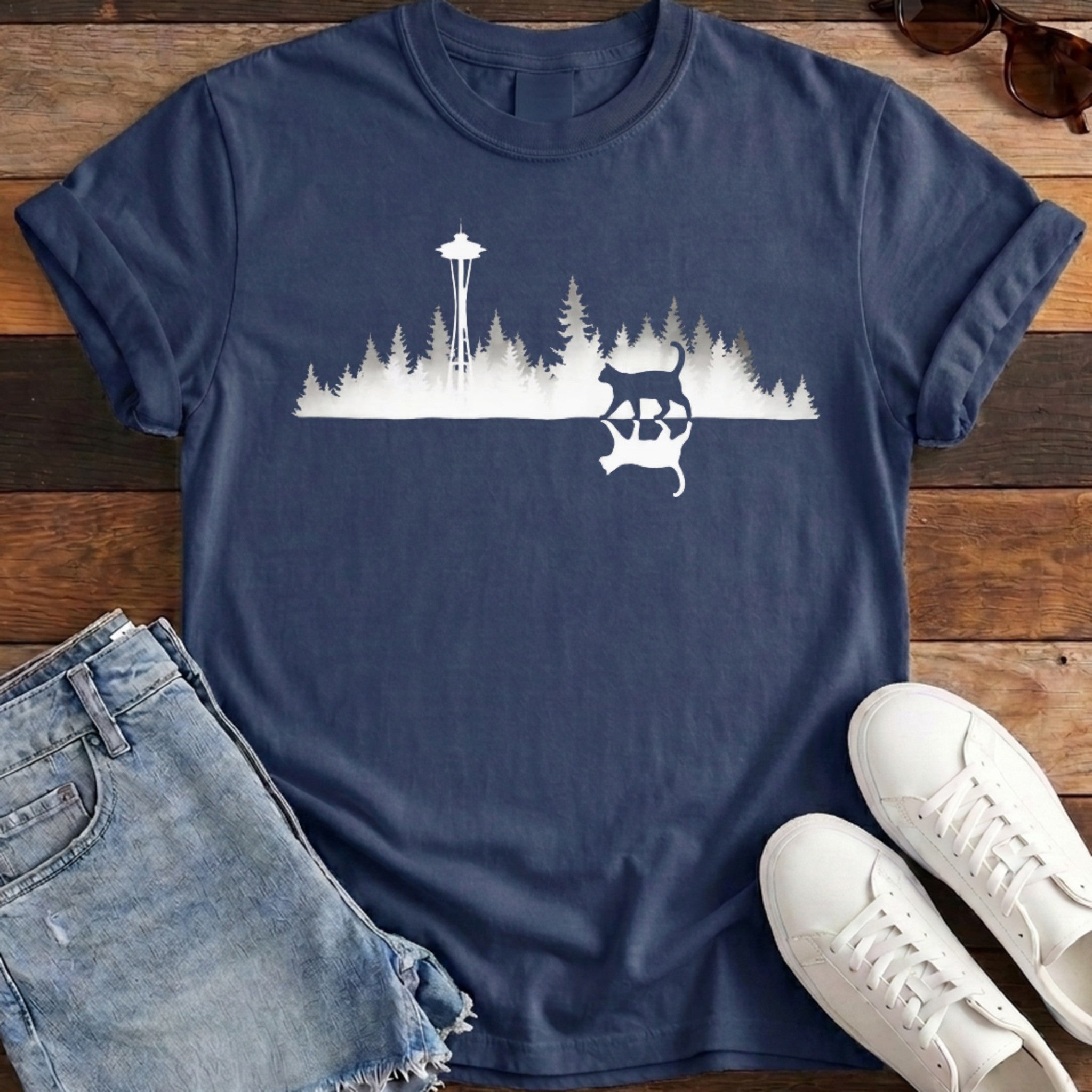 Seattle Mirror Cat Tee - Navy