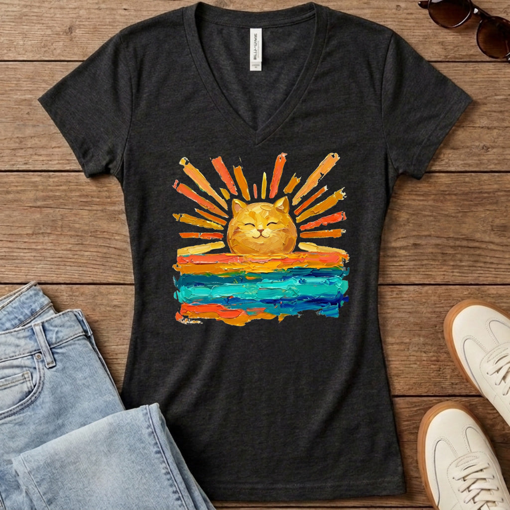 Rise and Shine Cat Women's V-Neck - Dark Grey Heather