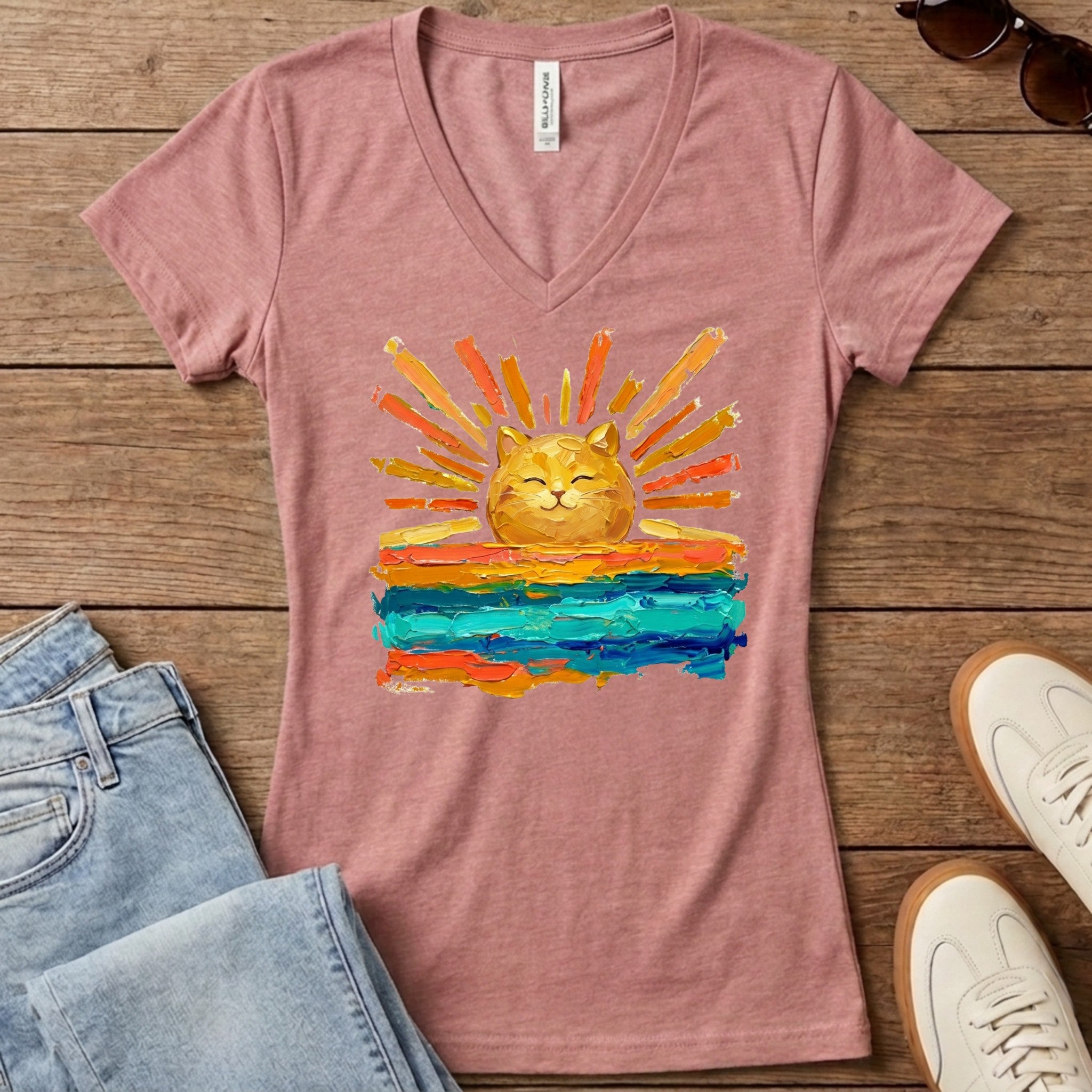 Rise and Shine Cat Women's V-Neck - Heather Mauve