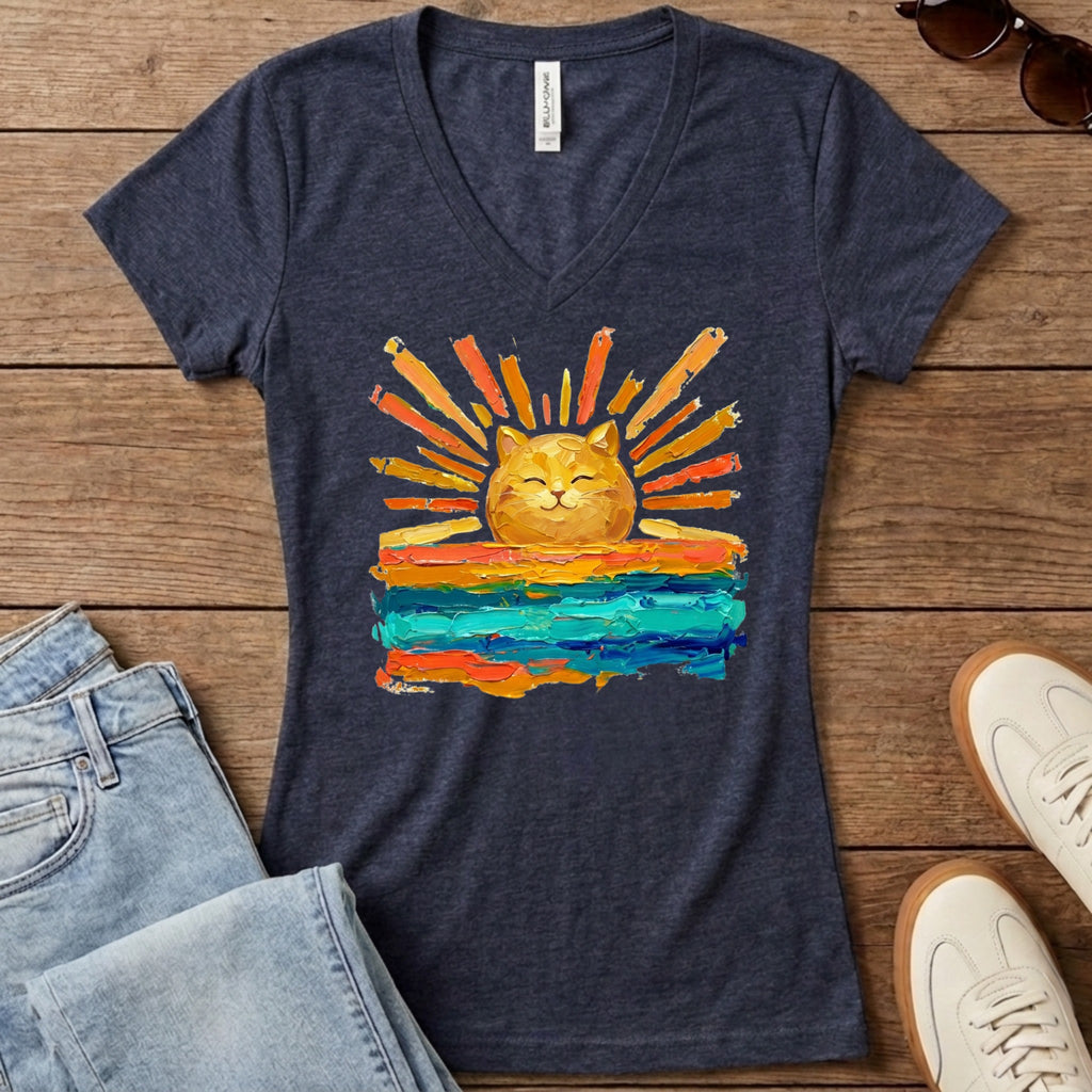 Rise and Shine Cat Women's V-Neck - Heather Navy