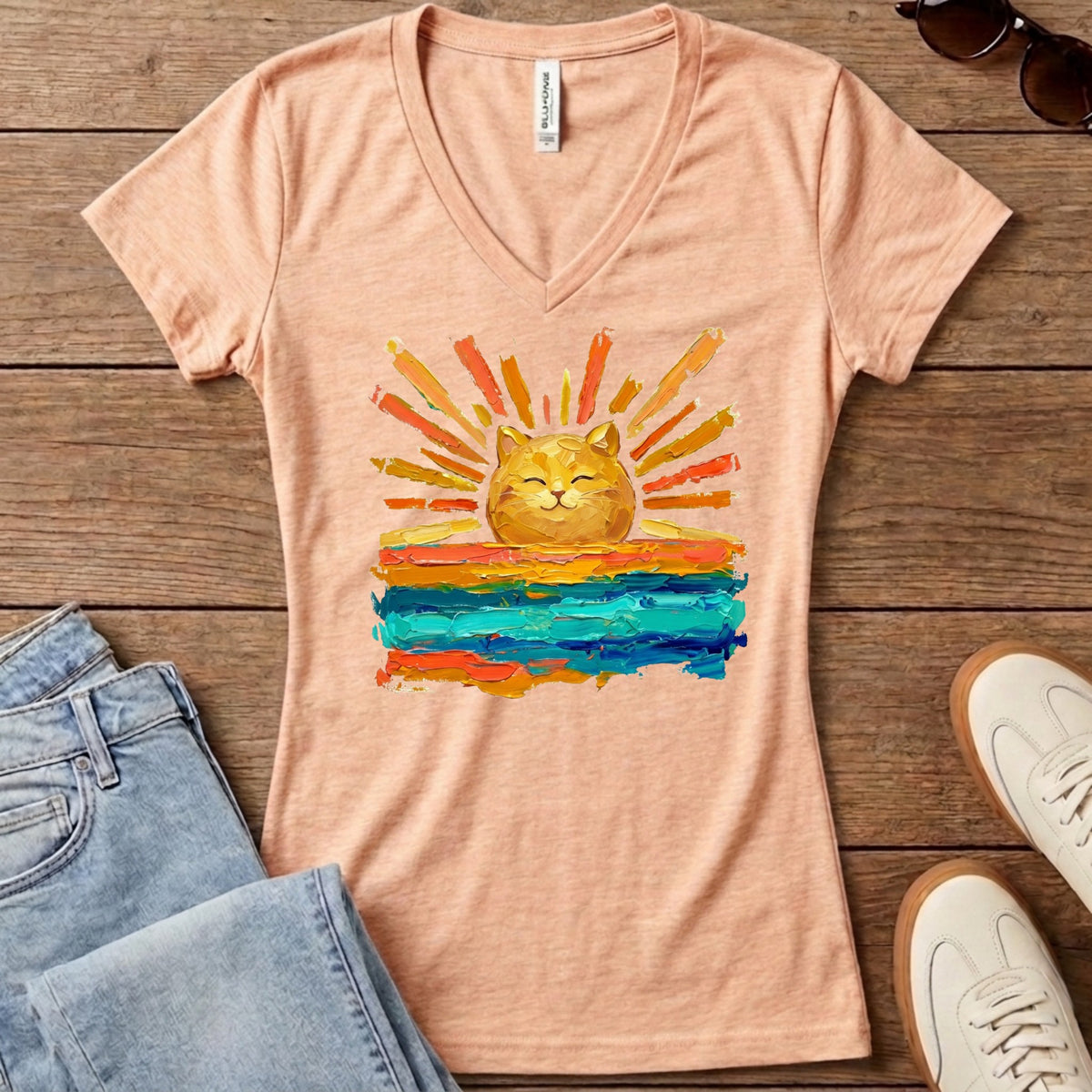 Rise and Shine Cat Women's V-Neck - Heather Peach