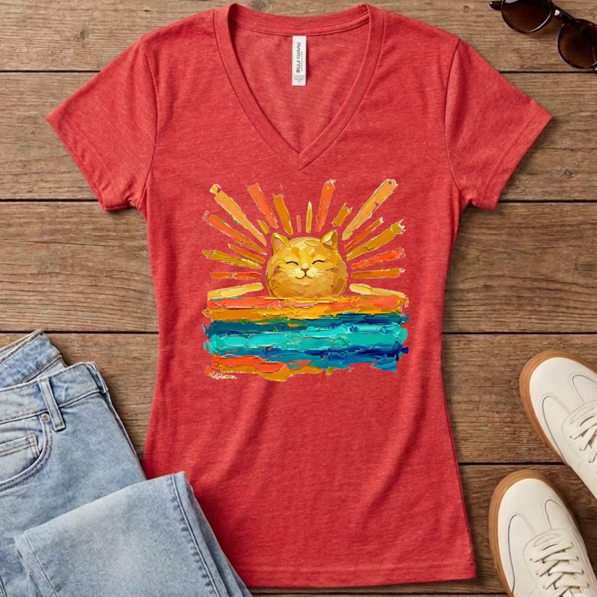 Rise and Shine Cat Women's V-Neck - Heather Red