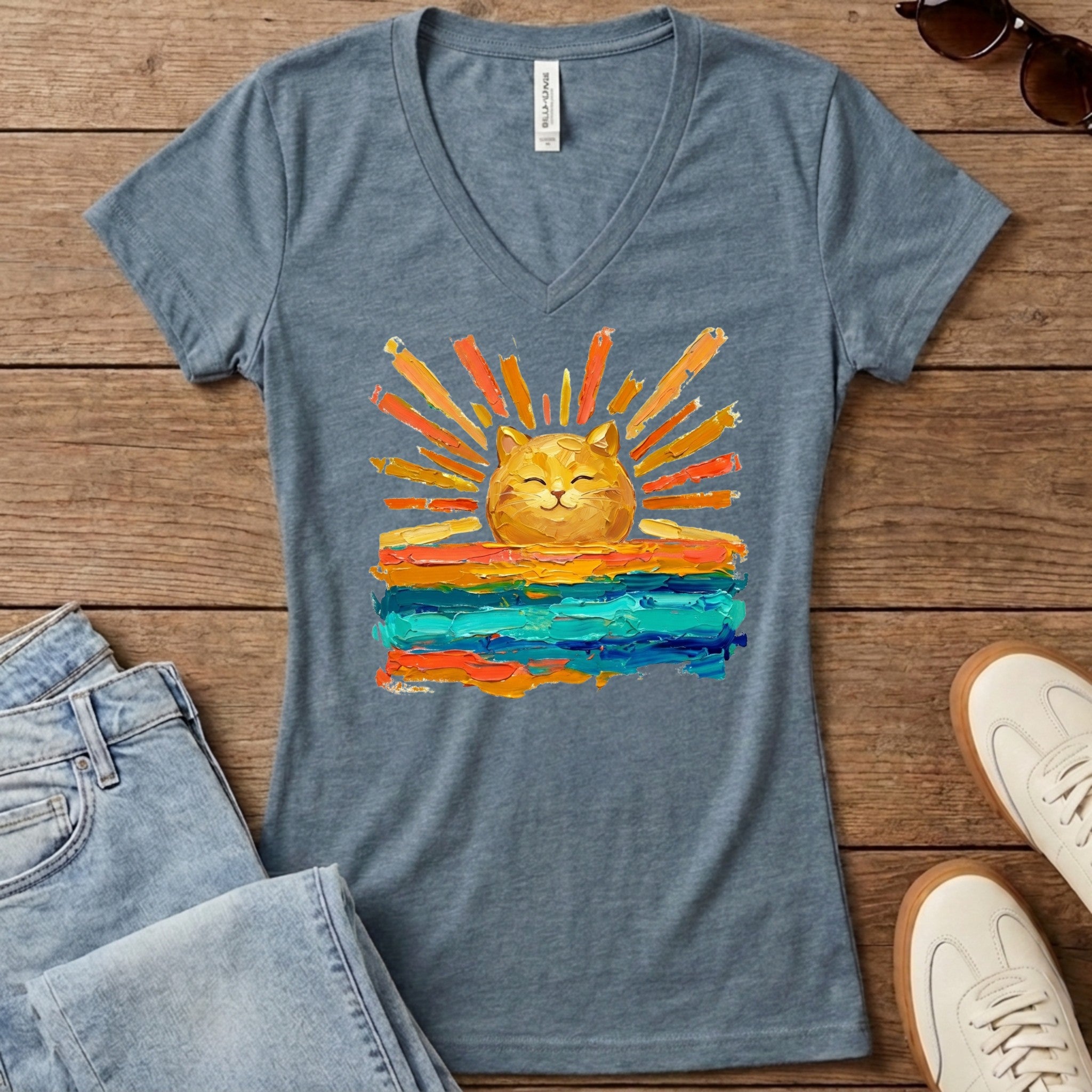 Rise and Shine Cat Women's V-Neck - Heather Slate