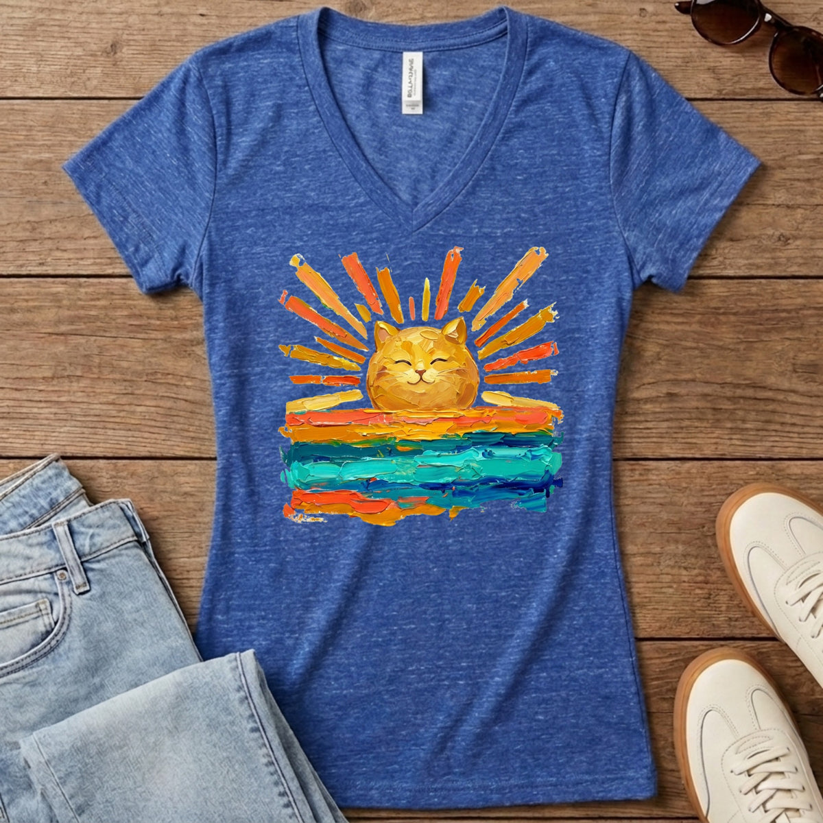 Rise and Shine Cat Women's V-Neck - Heather True Royal