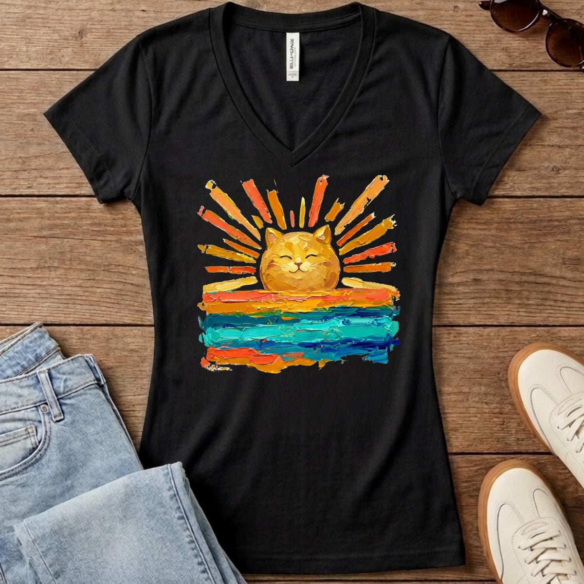 Rise and Shine Cat Women's V-Neck - Solid Black Blend