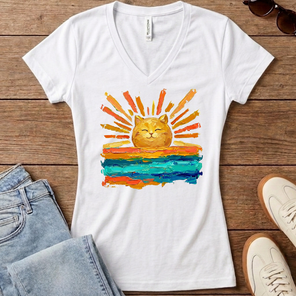 Rise and Shine Cat Women's V-Neck - Solid White Blend